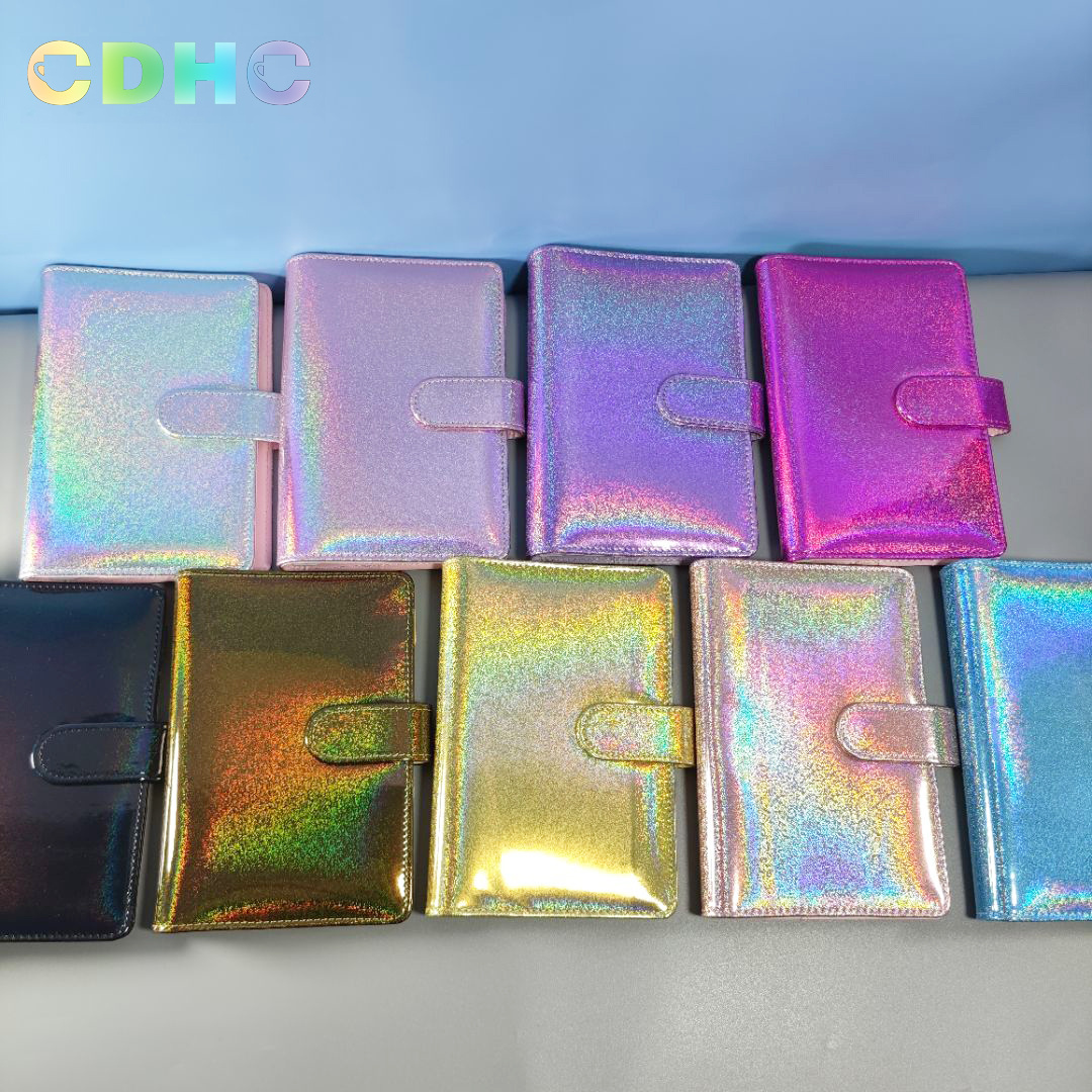 Wholesale A6 Glitter Binder Laser Color PU Leather Planner Loose Leaf Journal Shimmer Binder Custom Diary 6 Ring Budget Binder