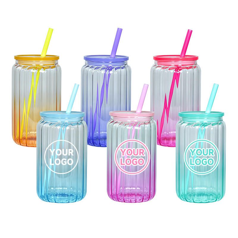 Drinking Glasses 16oz ombre Iced Coffee Cups Sublimation glass tumbler with colorful plastic straw for Long Drinks