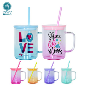 17OZ  Graduately Colorful Sublimation Glass Mug With Handle and Rainbow Lids Mason Jar Coffee Mugs