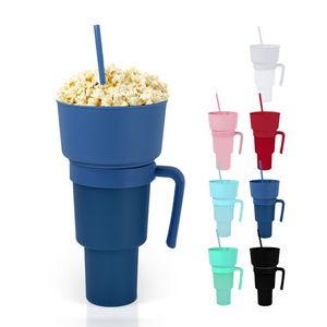 32oz Snack Cup plastic colors beer popcorn snack tray plastic cups 2 in 1 Stadium tumbler with snack bowl and straw