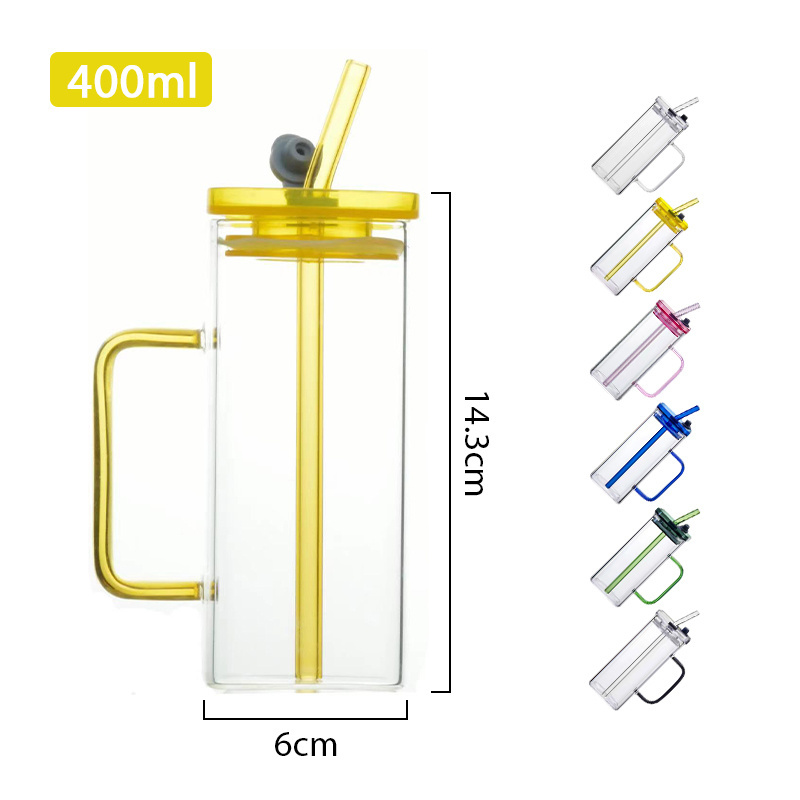 Glassware Drink ware Iced Coffee Tea Mug Water Tumbler Drinking Glasses Square Glass Cup with Lid Straw Handle