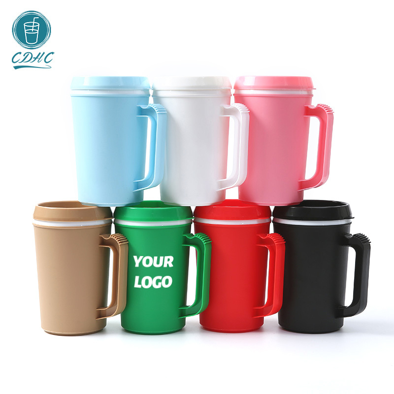 New fashion plastic custom coffee mug 22oz 34oz Plastic tumbler with handle Solid Color Double Wall  DIY Plastic Mug with Handle