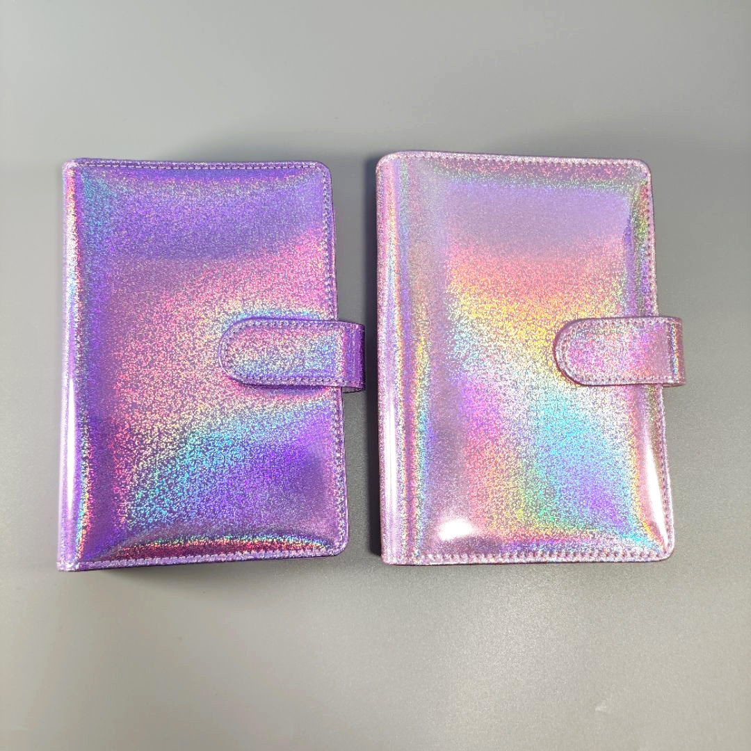 Wholesale A6 Glitter Binder Laser Color PU Leather Planner Loose Leaf Journal Shimmer Binder Custom Diary 6 Ring Budget Binder