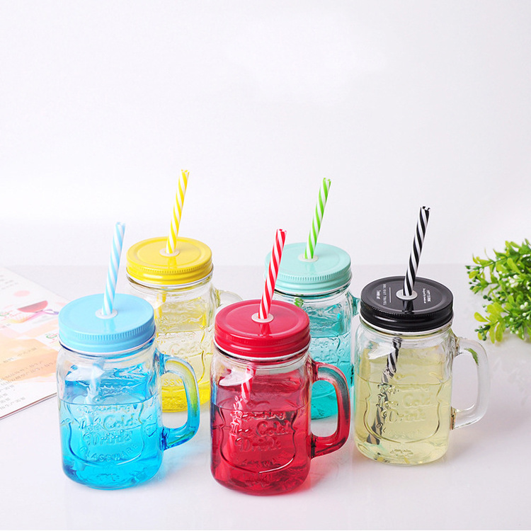 Wholesale 500ml Gradient Mason Glass Juice Cold Drink Cup with Straw Handle