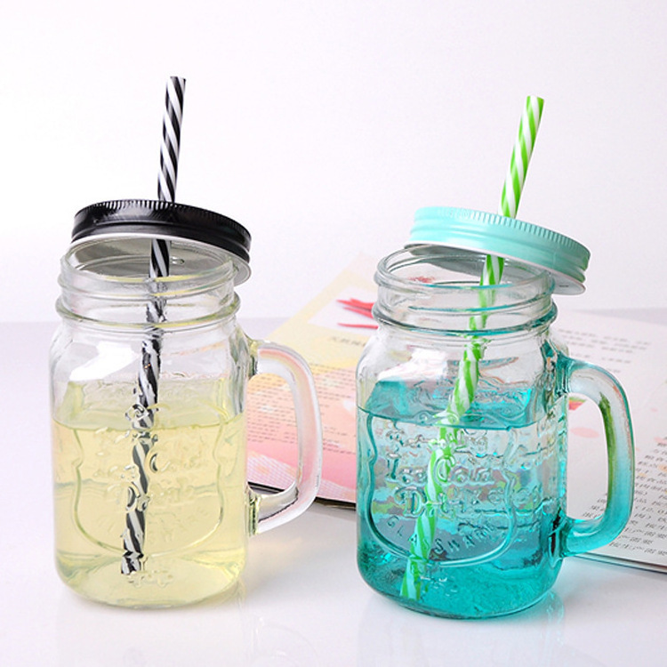 Wholesale 500ml Gradient Mason Glass Juice Cold Drink Cup with Straw Handle