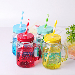 Wholesale 500ml Gradient Mason Glass Juice Cold Drink Cup with Straw Handle