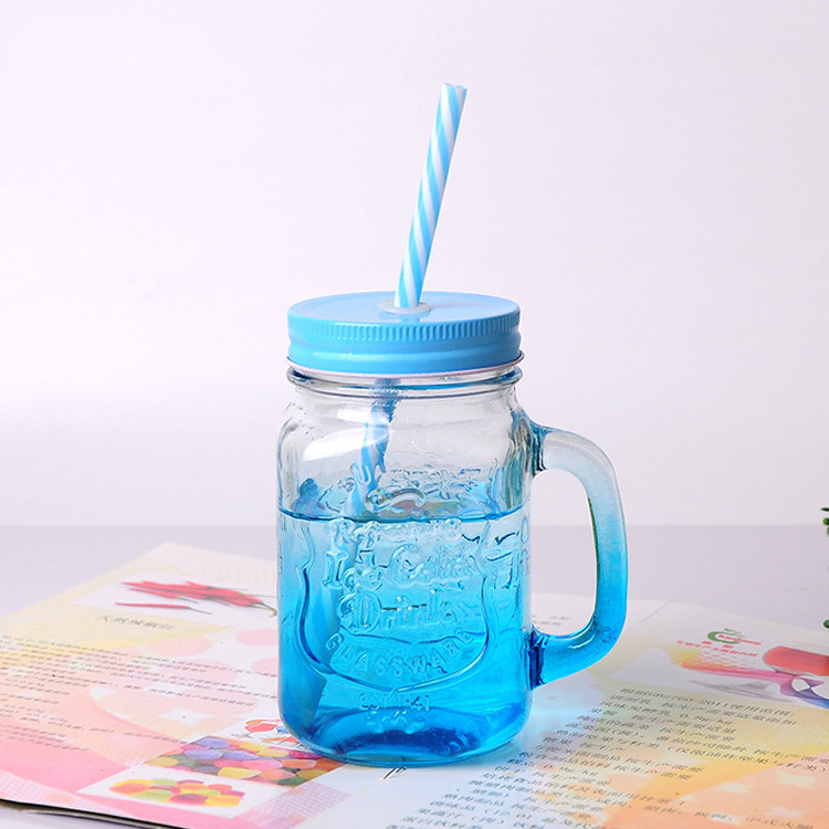 Wholesale 500ml Gradient Mason Glass Juice Cold Drink Cup with Straw Handle