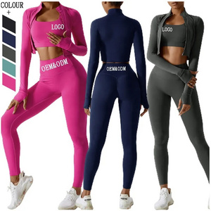 OEM ODM 2023 4 Piece Activewear Gym Long Sleeves Leggings Set Seamless Yoga Wear Set Custom Women Yoga Set