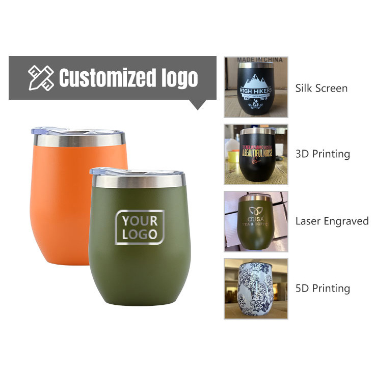 Custom logo powder coated 12 oz vacuum insulated stainless steel egg shape wine cups tumbler 12oz with sliding lid