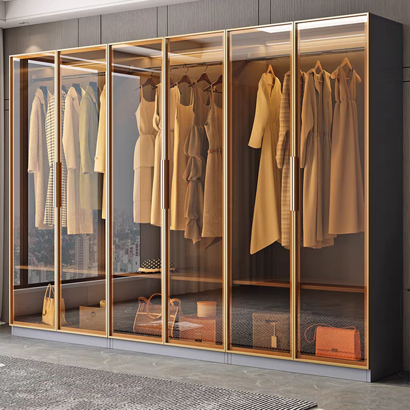 Hot sale tempered glass closet simple sliding 3 doors overall wardrobe closet