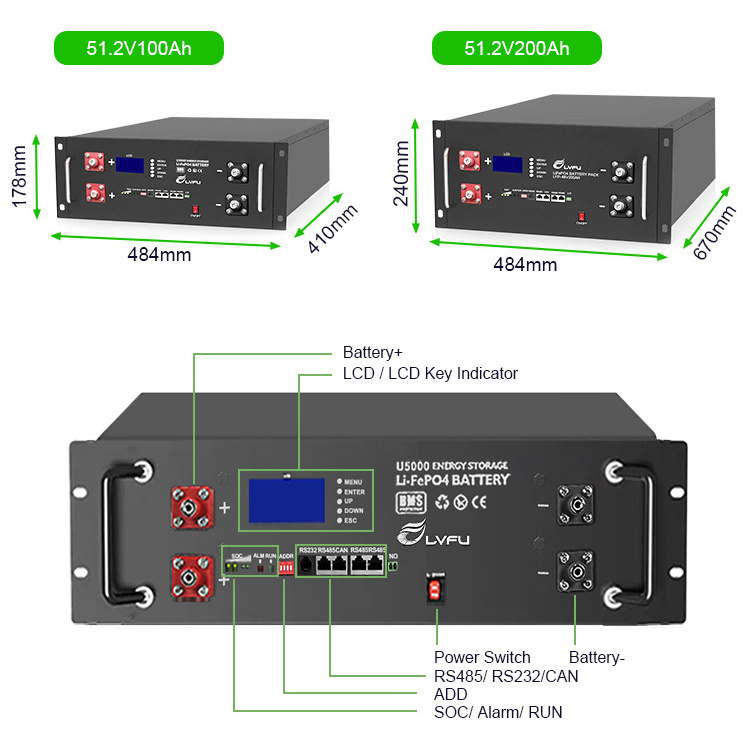 LVFU 51.2V 48V 100ah 200Ah 300Ah LiFePO4 Lithium Ion Iron Phosphate Battery Rack Mounted 10kwh Solar Energy Storage Battery