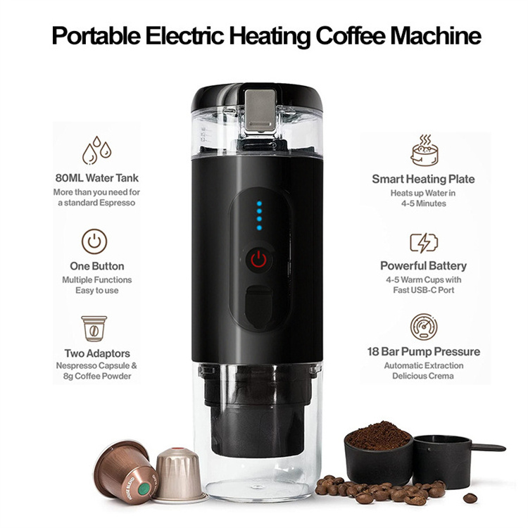 Rechargeable automatic portable coffee making machine for Travel Home Car compatible with coffee capsules and ground coffee