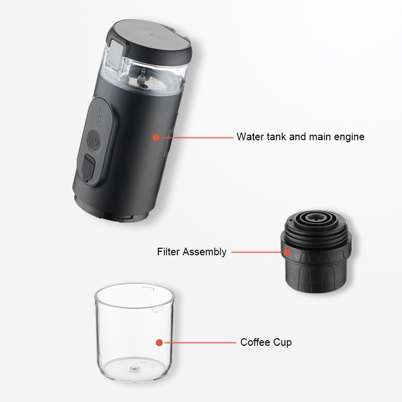 Rechargeable automatic portable coffee making machine for Travel Home Car compatible with coffee capsules and ground coffee