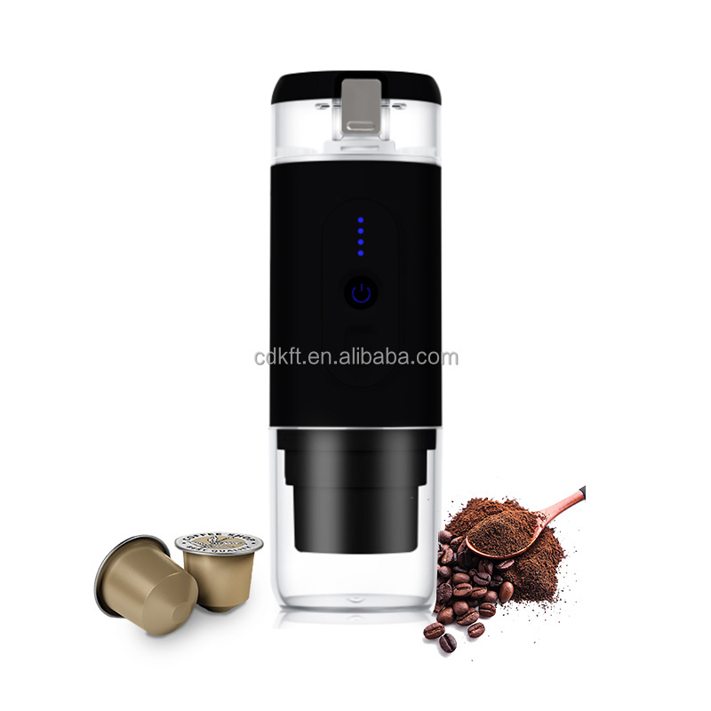 Rechargeable automatic portable coffee making machine for Travel Home Car compatible with coffee capsules and ground coffee