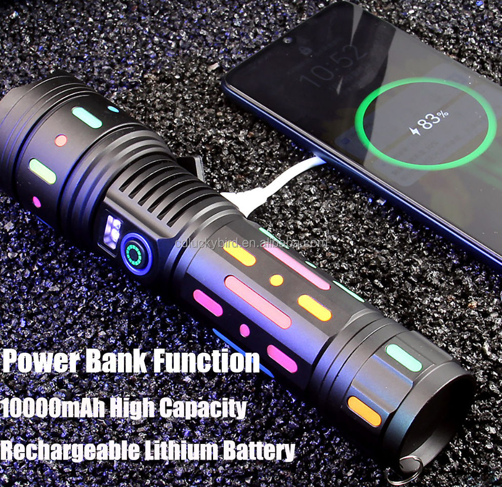 Powerful Long Range 10000lm Rechargeable USB Type-c Charging Super Bright Zoom LED Flashlight with Dark Glow Electric Display