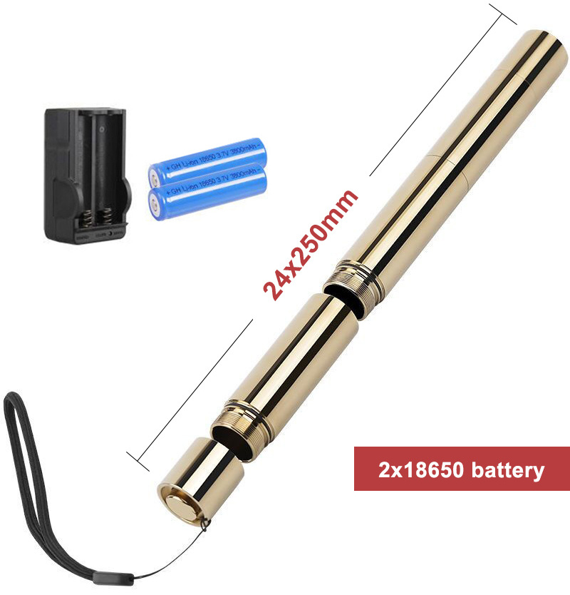 B008 Golden Copper Blue Laser Pointer 450nm Laser Flashlight 24x250mm with 2x18650 Battery 5 star head