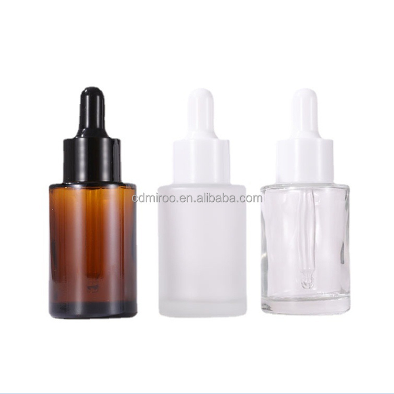 Flat Shoulder 30ml Serum Amber Clear Frosted Glass Dropper Bottle For Essential Oils with Glass Dropper 1Oz Beard Oil Bottles