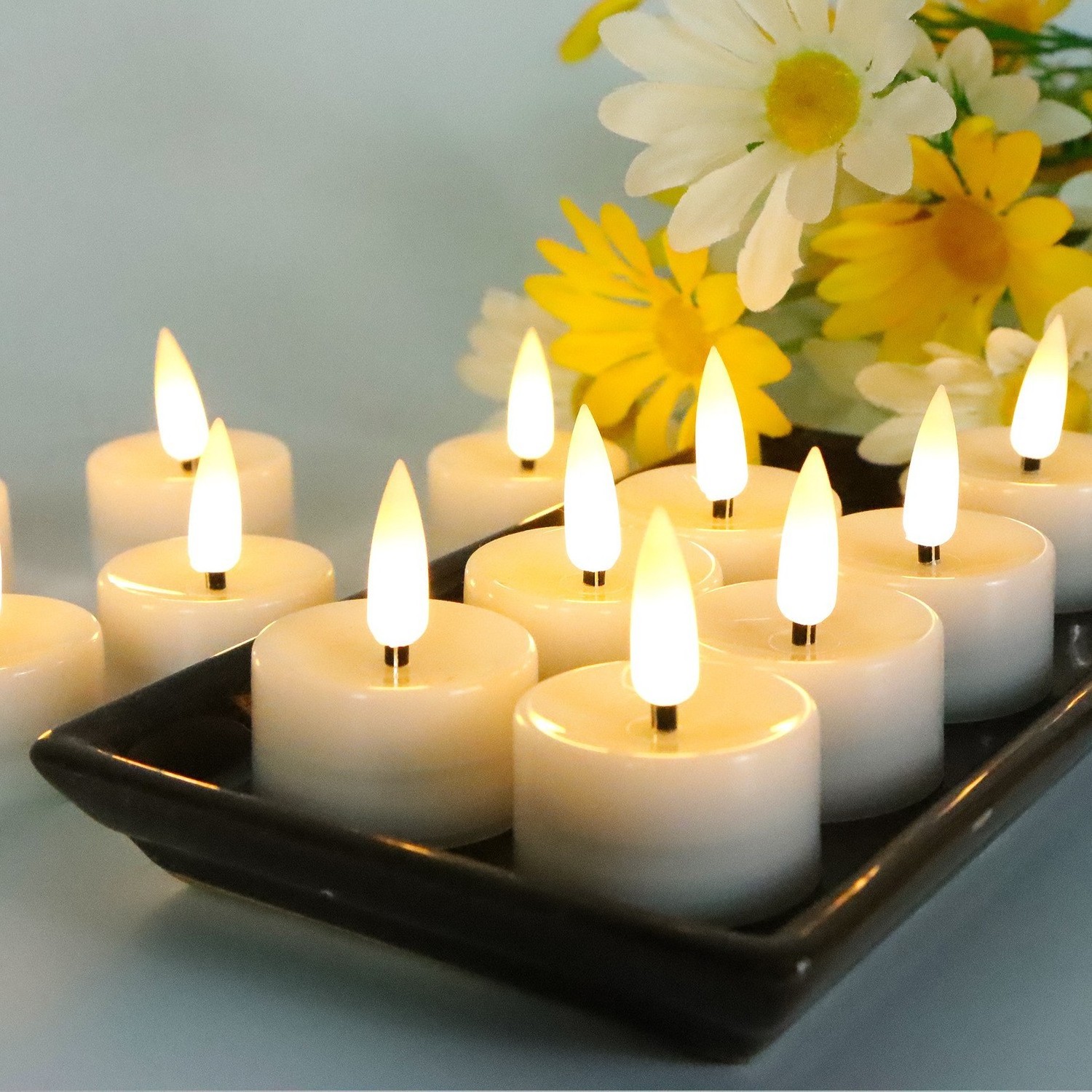 12Pcs LED Candle Light 3d Real Flame Smokeless Tea Candle yellow Flickering Holiday Decoration