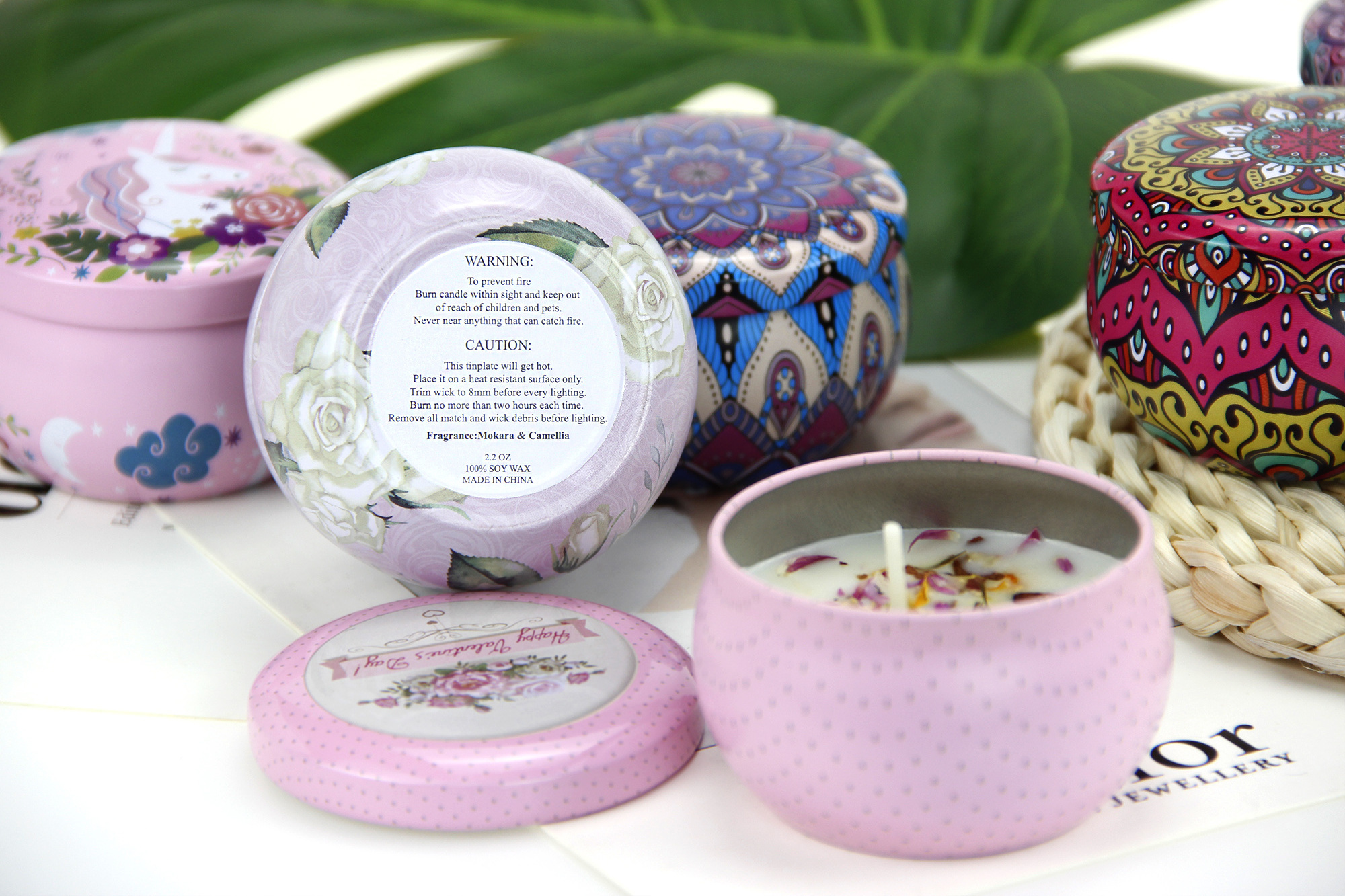 In Bulk Pack 2.2 Oz Soy Wax Scented Candle With Petal Metal Round Tin Perfume Small Candle