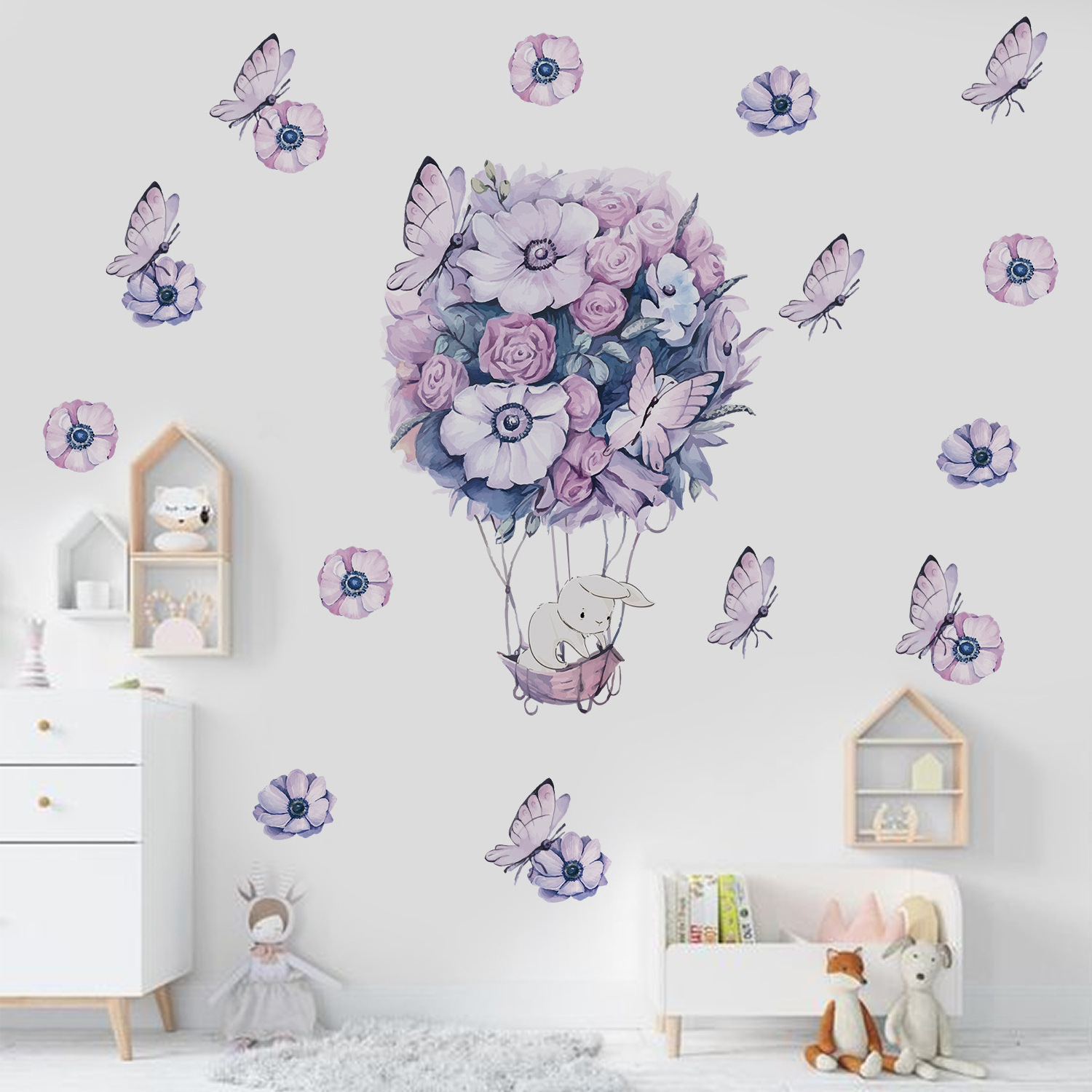 Watercolor  Purple Flowers Elephant Wall Decal Blooming Floral Wall Sticker for Girls Bedroom Wedding Party Decoration