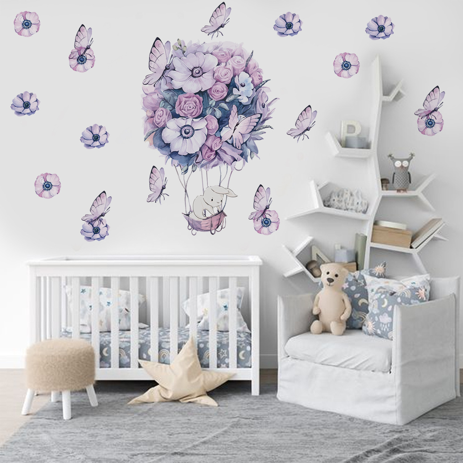 Watercolor  Purple Flowers Elephant Wall Decal Blooming Floral Wall Sticker for Girls Bedroom Wedding Party Decoration