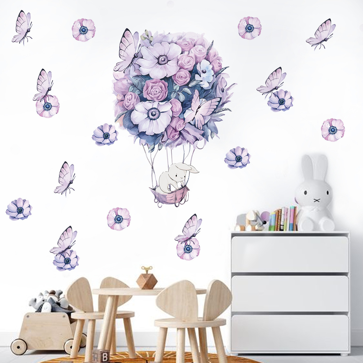 Watercolor  Purple Flowers Elephant Wall Decal Blooming Floral Wall Sticker for Girls Bedroom Wedding Party Decoration