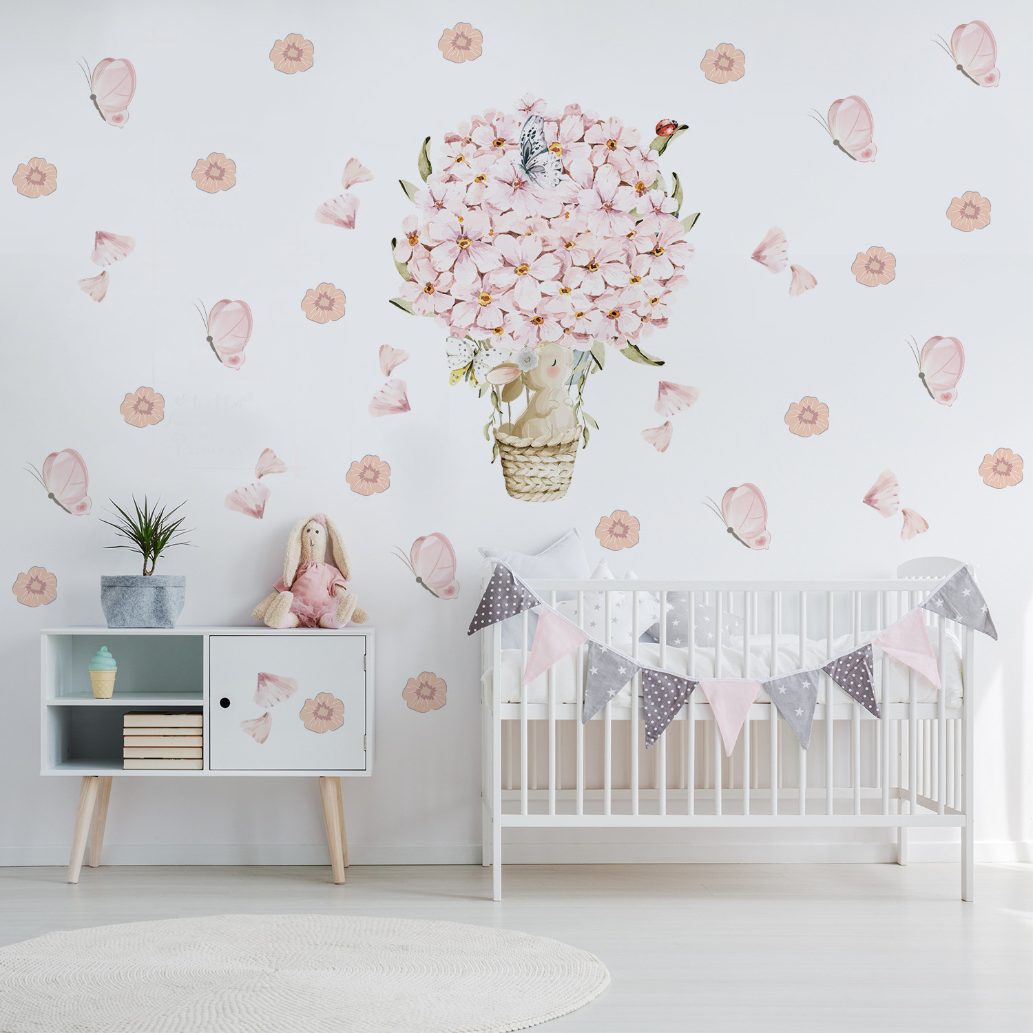 Pink Flower Hot Air Balloon Butterfly Rabbit Wall Stickers for Kids Room Baby Nursery Bedroom Home Decorative Wall Decals