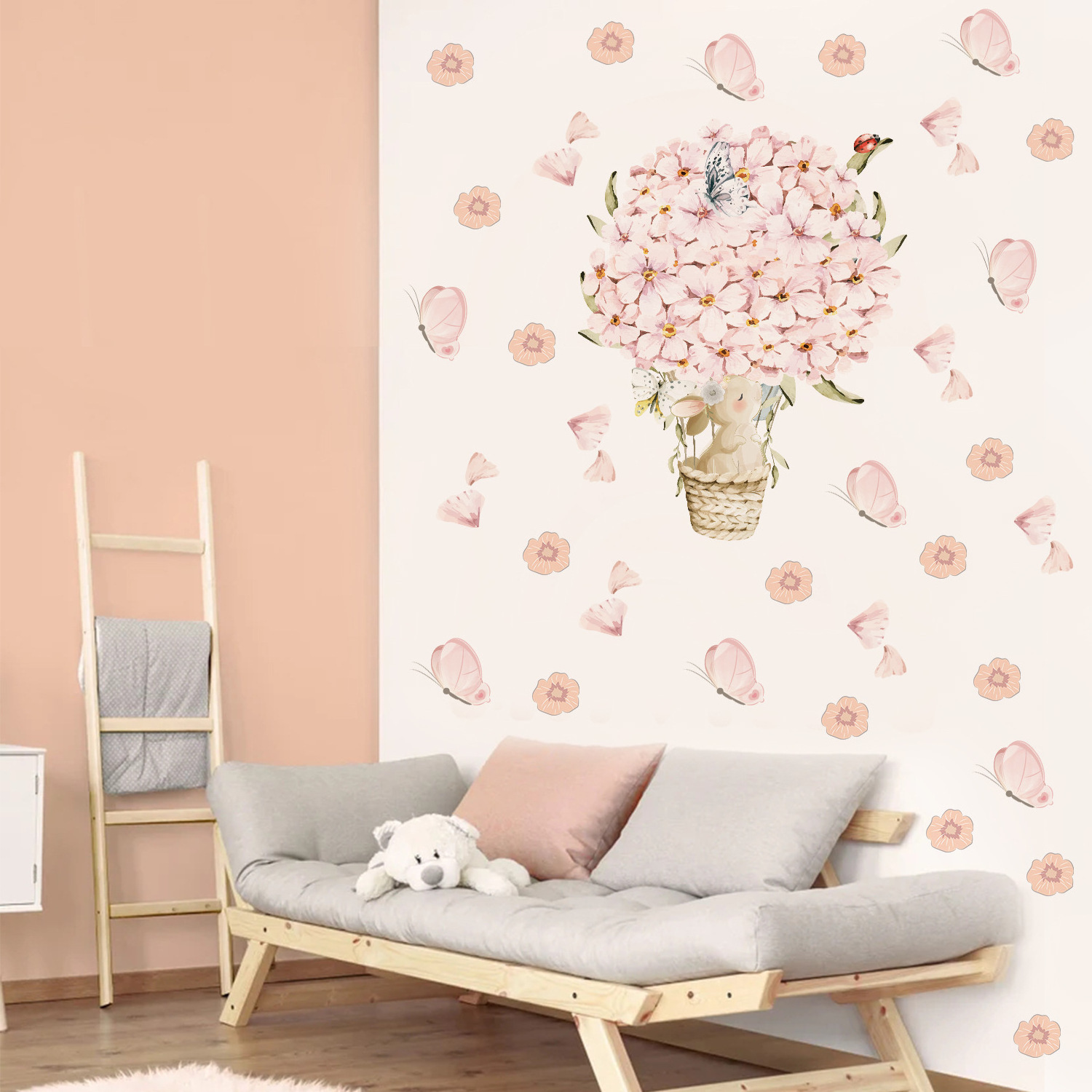 Pink Flower Hot Air Balloon Butterfly Rabbit Wall Stickers for Kids Room Baby Nursery Bedroom Home Decorative Wall Decals