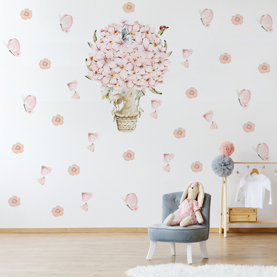 Pink Flower Hot Air Balloon Butterfly Rabbit Wall Stickers for Kids Room Baby Nursery Bedroom Home Decorative Wall Decals