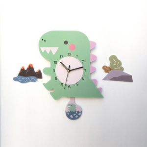 Ins Children's Room Living Room Indoor Kids Wooden Mute Clock  Cartoon Dinosaur Whale Flamingo Sheep Kindergarten Wall Clock