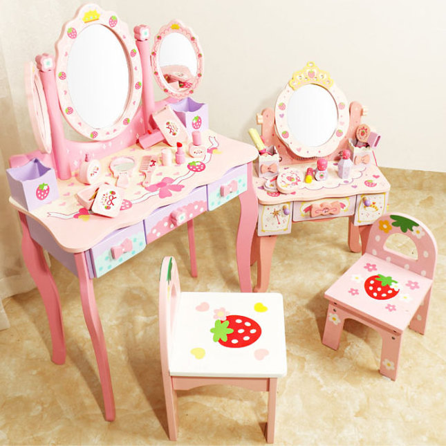 New wooden large imperial crown baby dressing table set toys with three mirrors