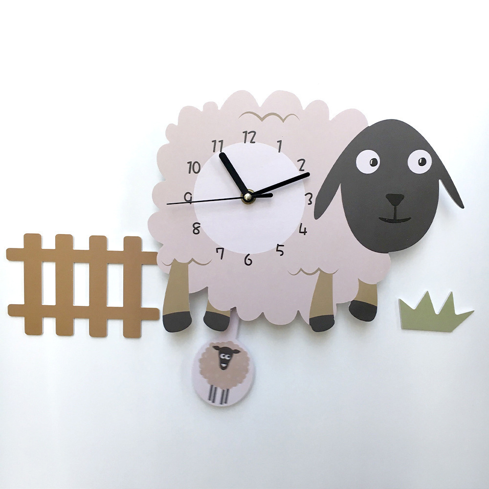 Ins Children's Room Living Room Indoor Kids Wooden Mute Clock  Cartoon Dinosaur Whale Flamingo Sheep Kindergarten Wall Clock