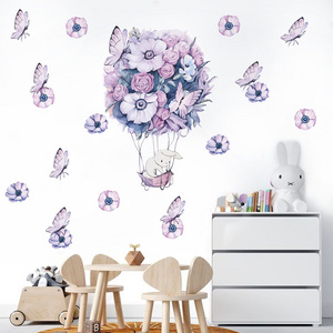 Watercolor Purple Flowers Wall Decal Blooming Floral  Animal Wall Sticker for Girls Bedroom Wedding Party Decoration