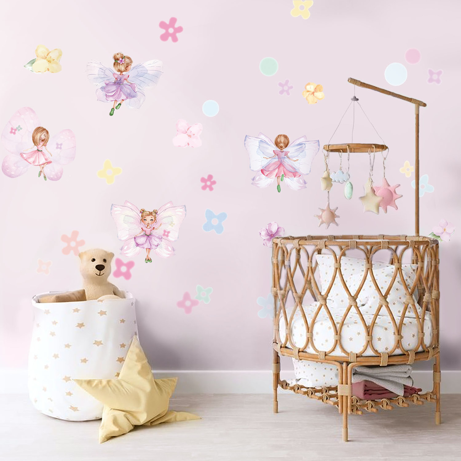 Pink Flowers Wallpaper For Girl's Bedroom Cute Birds Butterflies Kindergarten Wall Sticker Cartoon Baby Home Decor