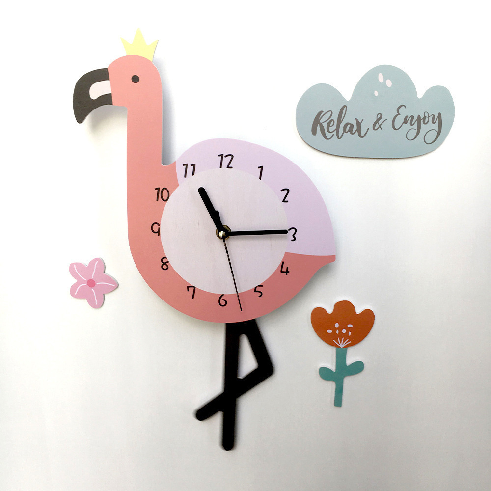 Ins Children's Room Living Room Indoor Kids Wooden Mute Clock  Cartoon Dinosaur Whale Flamingo Sheep Kindergarten Wall Clock