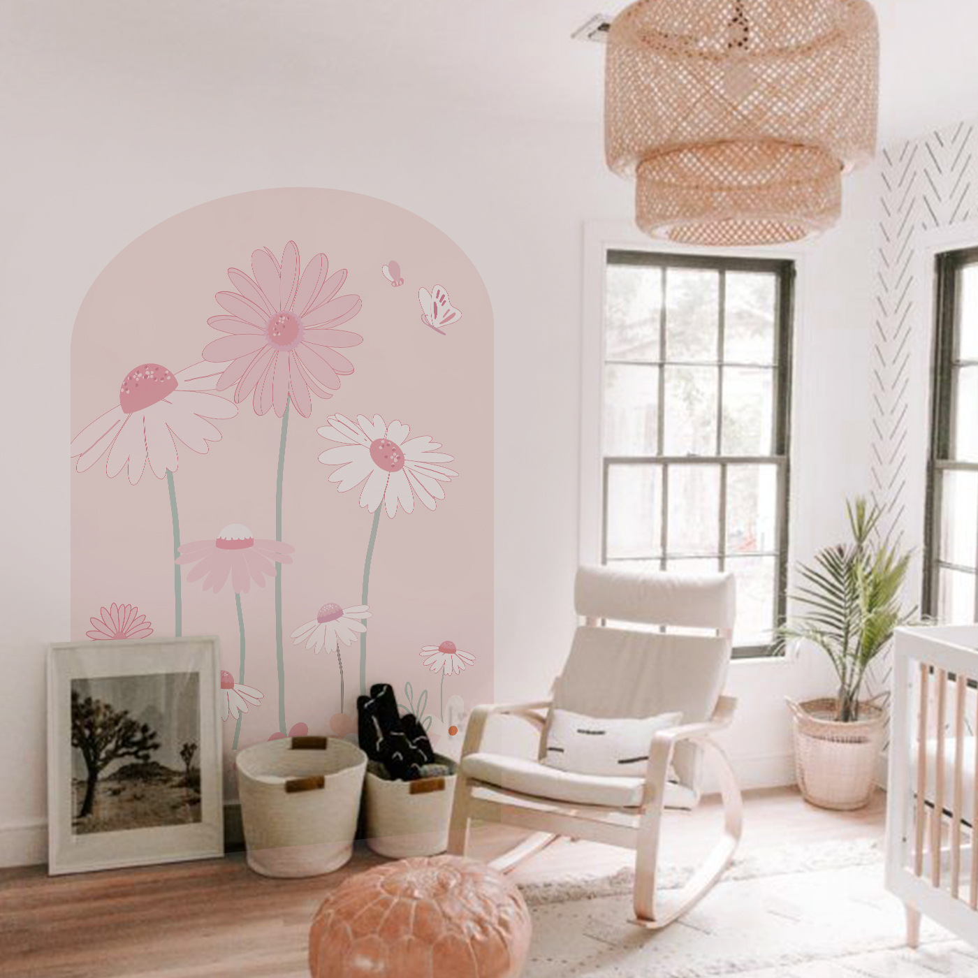 Daisy flower self-adhesive arch wall sticker Pink girl room background decoration sticker