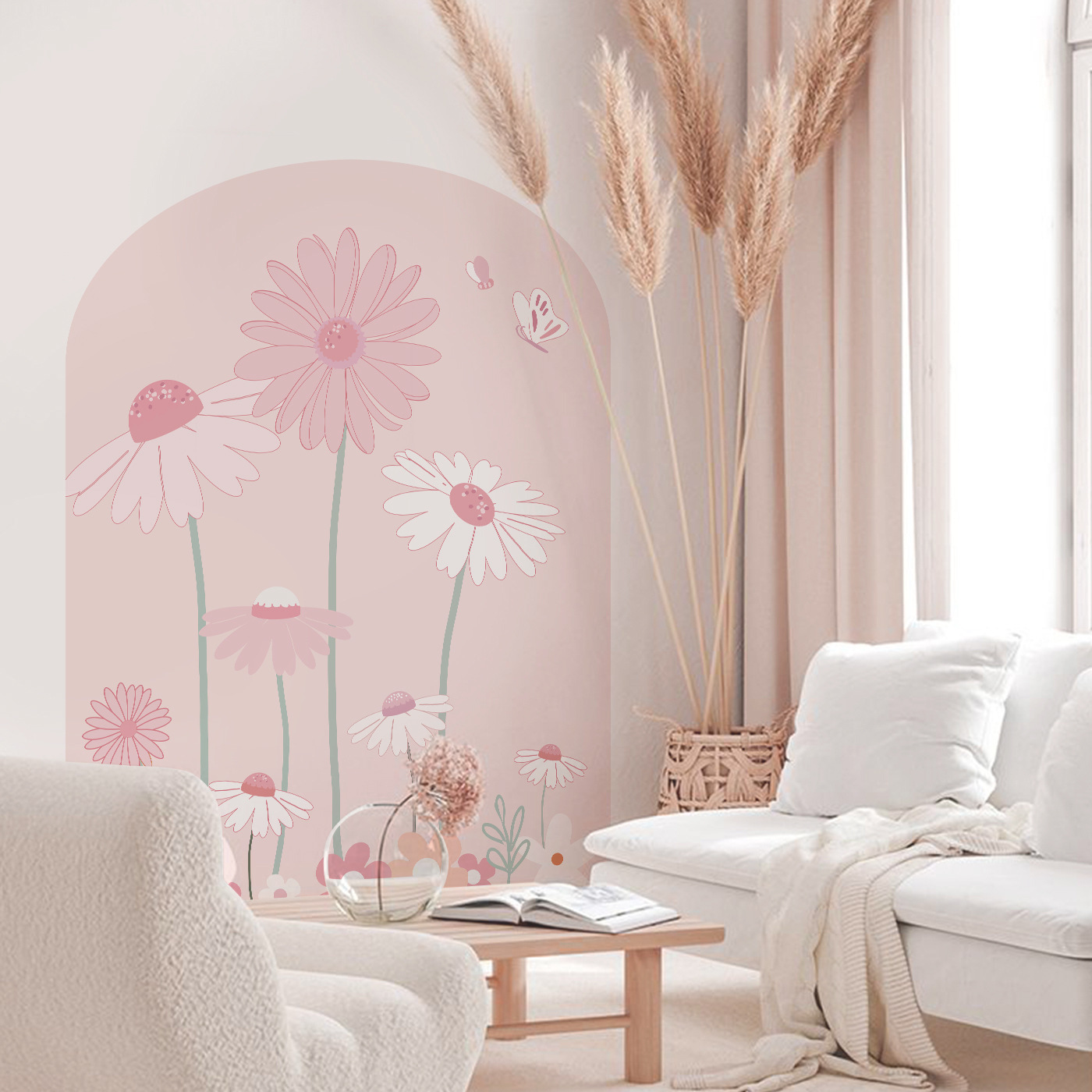 Daisy flower self-adhesive arch wall sticker Pink girl room background decoration sticker