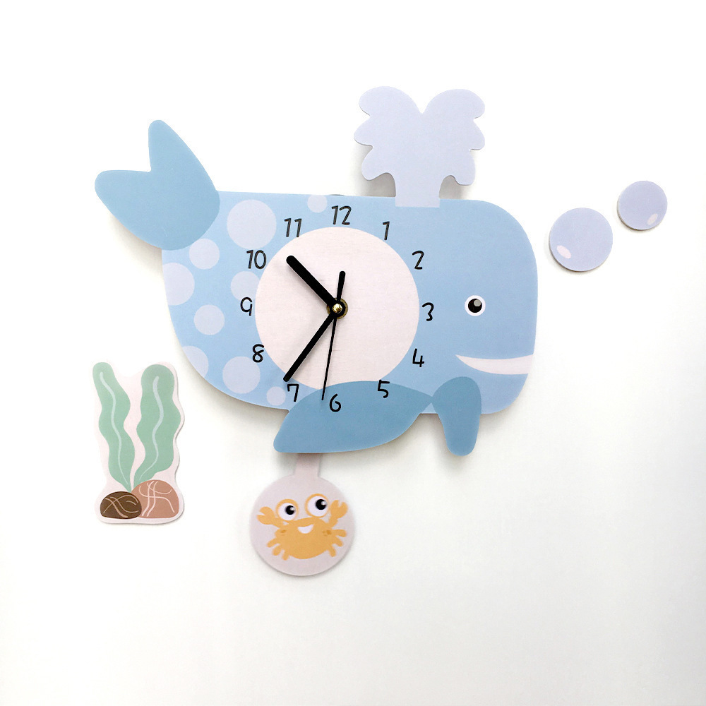 Ins Children's Room Living Room Indoor Kids Wooden Mute Clock  Cartoon Dinosaur Whale Flamingo Sheep Kindergarten Wall Clock