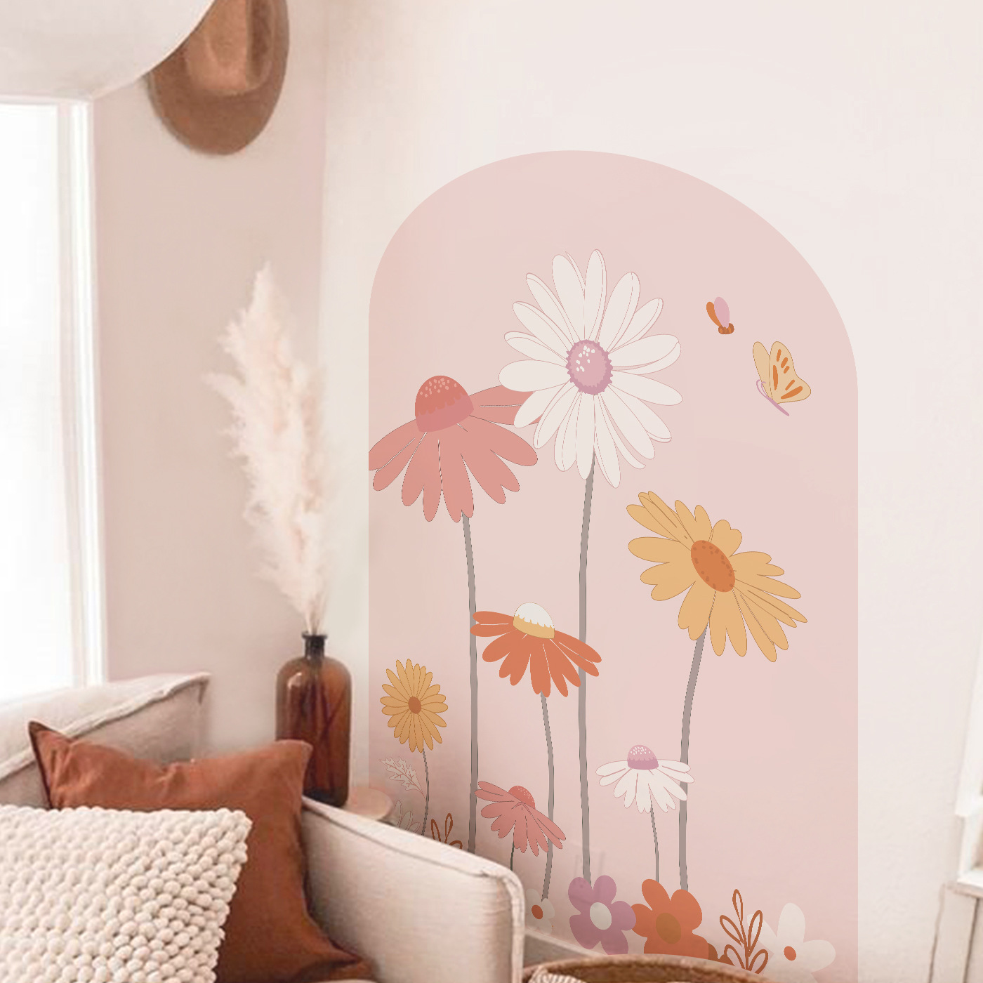 Daisy Flower Self-adhesive Arch Wall Sticker Pink Girl Room Background Decoration Sticker