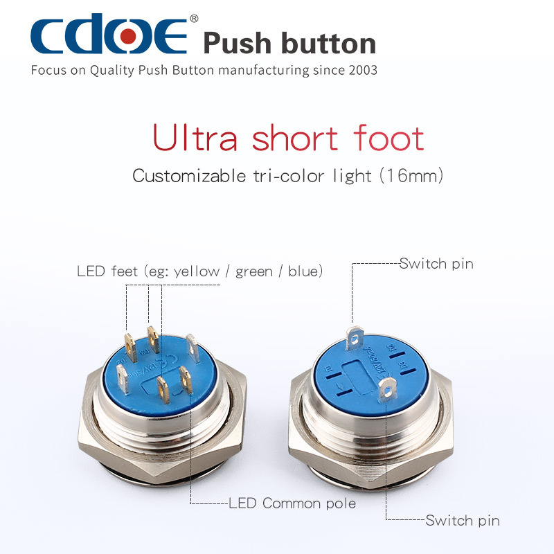 Super short 12v spst red led button 16mm waterproof momentary off on switch push button switch