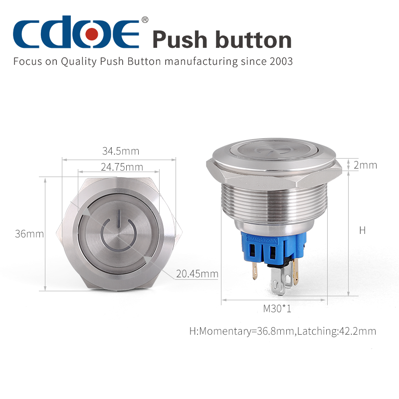 DPDT 30mm metal led lights illuminated waterproof momentary steel 2no 2nc push button switch