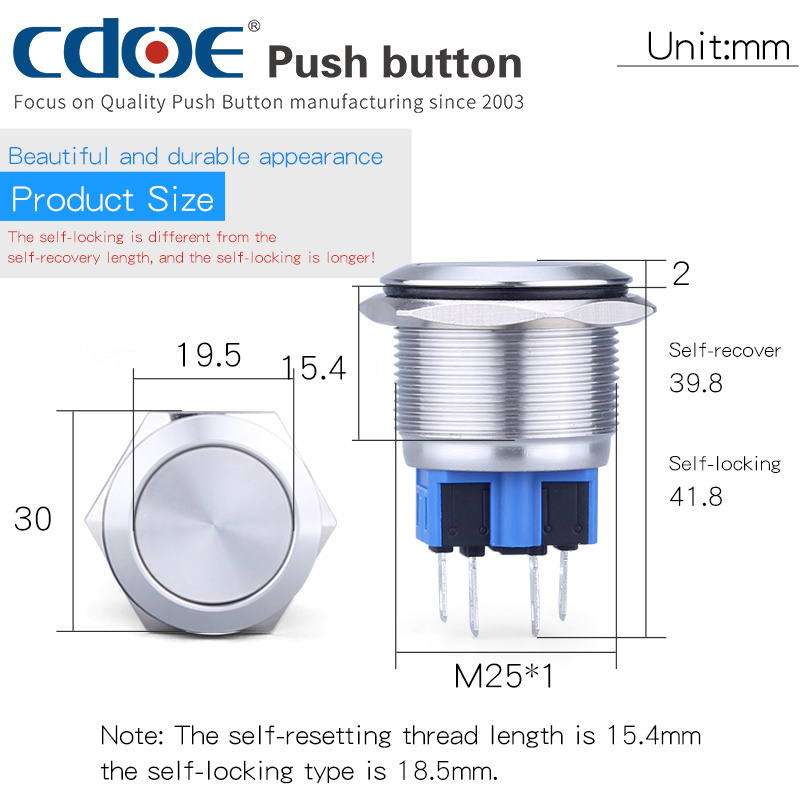 25mm ring led 12v red 5 wire terminal ip65 waterproof 1no1nc ss panel momentary lamp push button switch for lights