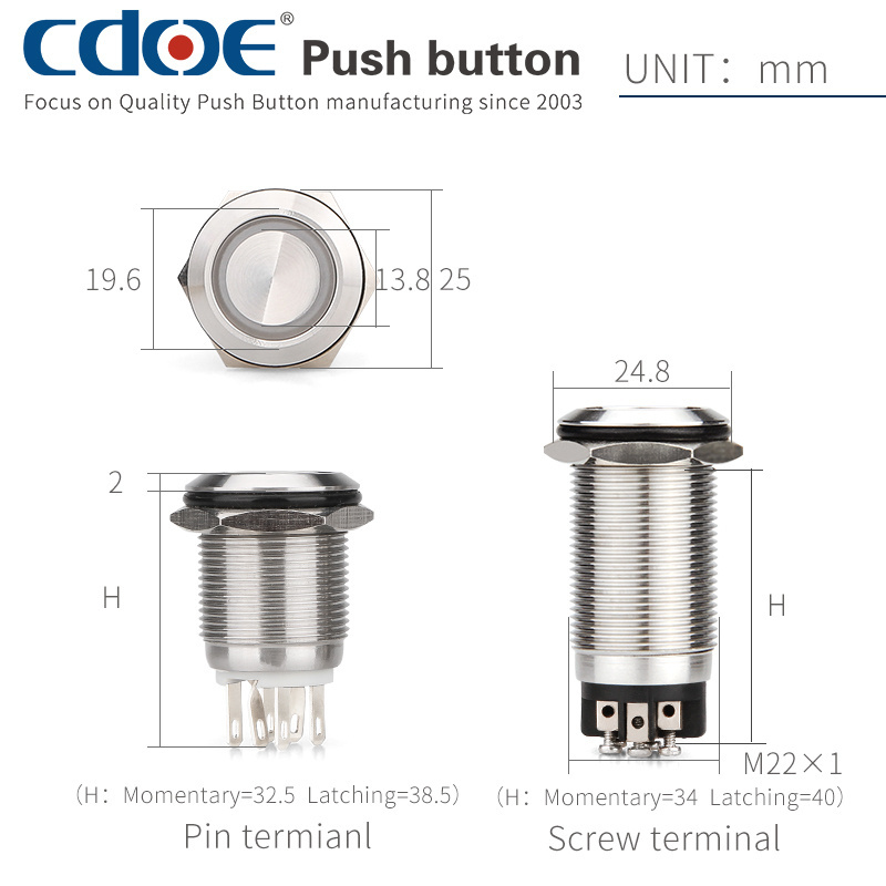 long body style stainless steel 1no1nc spdt reset latch start stop switch 22mm metal push button