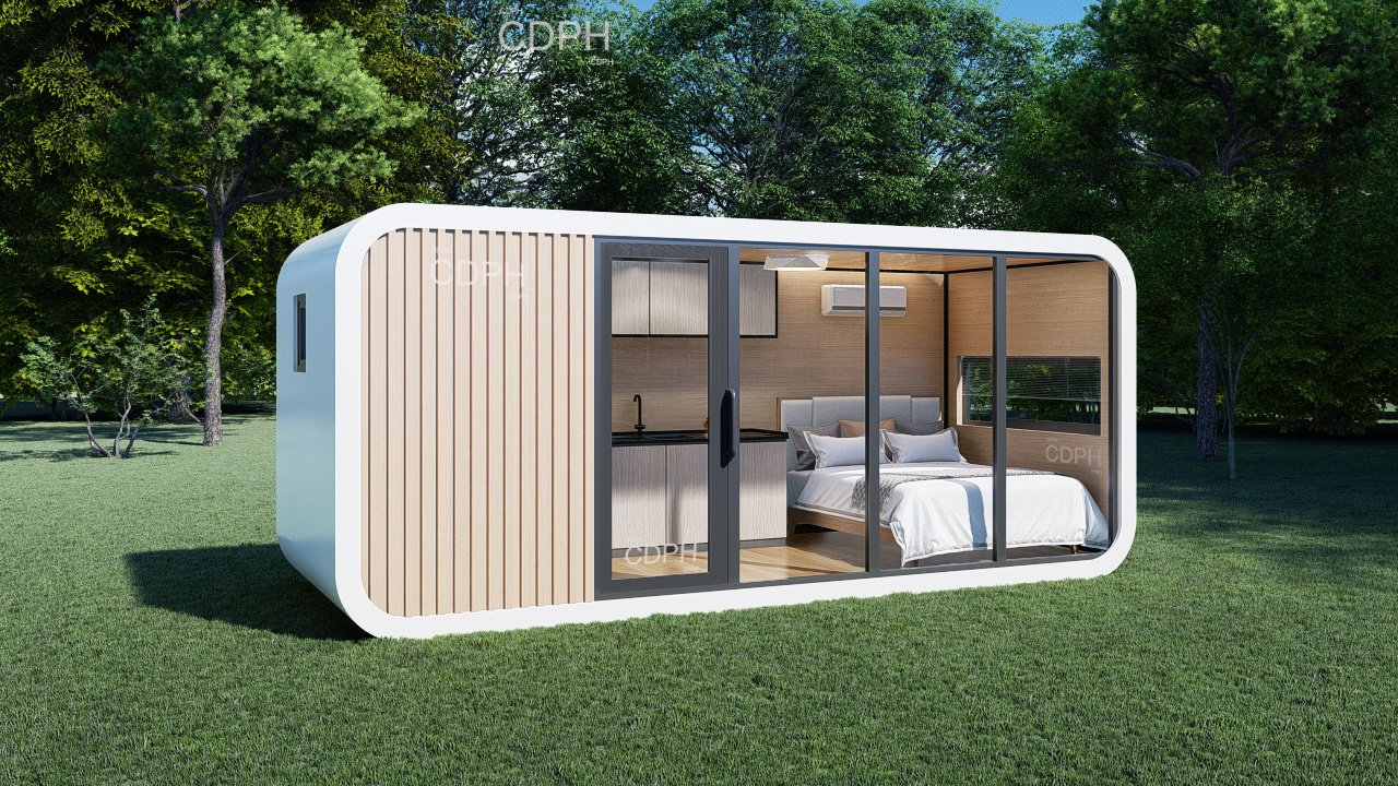 Cheap Modular Garden Portable Assembled Prefab Capsule Apple Cabin Bungalow Bar Office Pod With Terrace