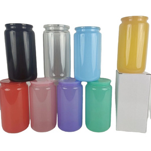 Recyclable 16oz colored clear glass soda can blank sublimation colored jelly Unbreakable Drinking Glasses with colored pp lids