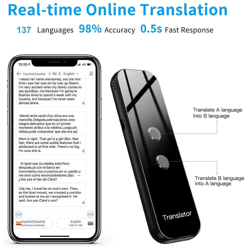 Lightweight portable wireless G6 translator for 137 languages two-way online translation smart translator