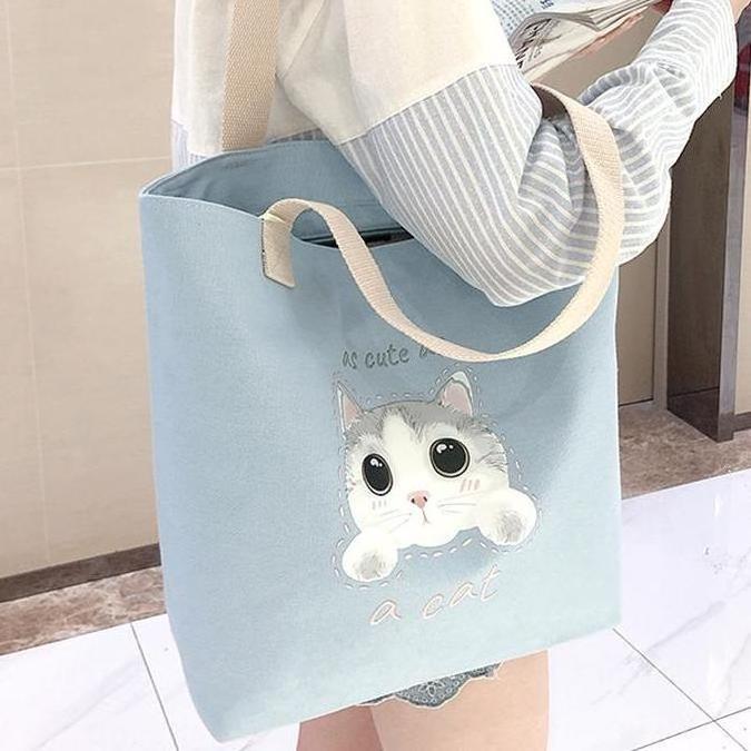 Ins Style Korean Summer Cute Handbag Vertical Environmental Bag Customized Cute Cat Pattern Large Capacity Original Canvas Bag