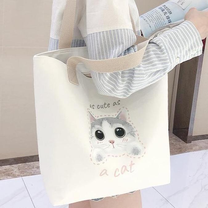 Ins Style Korean Summer Cute Handbag Vertical Environmental Bag Customized Cute Cat Pattern Large Capacity Original Canvas Bag