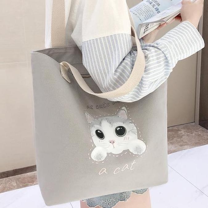 Ins Style Korean Summer Cute Handbag Vertical Environmental Bag Customized Cute Cat Pattern Large Capacity Original Canvas Bag