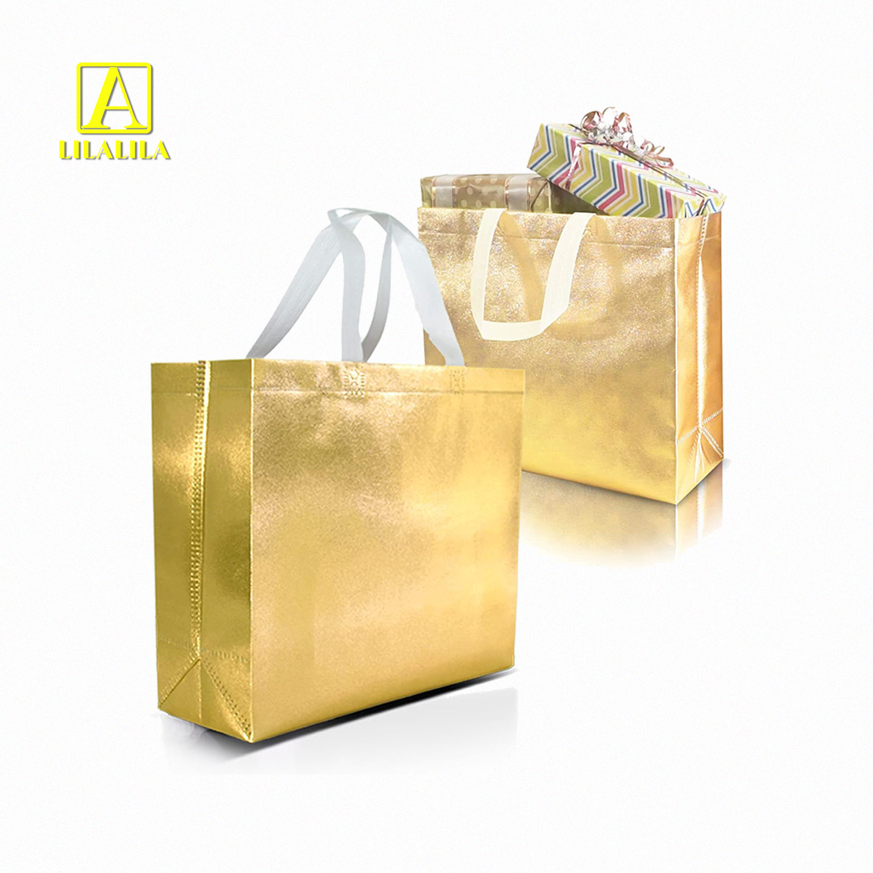 Reusable Sewing Gold Silver Non Woven Fabric Tote Carrier Shopping  Reflective Pp Non Woven Fabric Packaging Bag